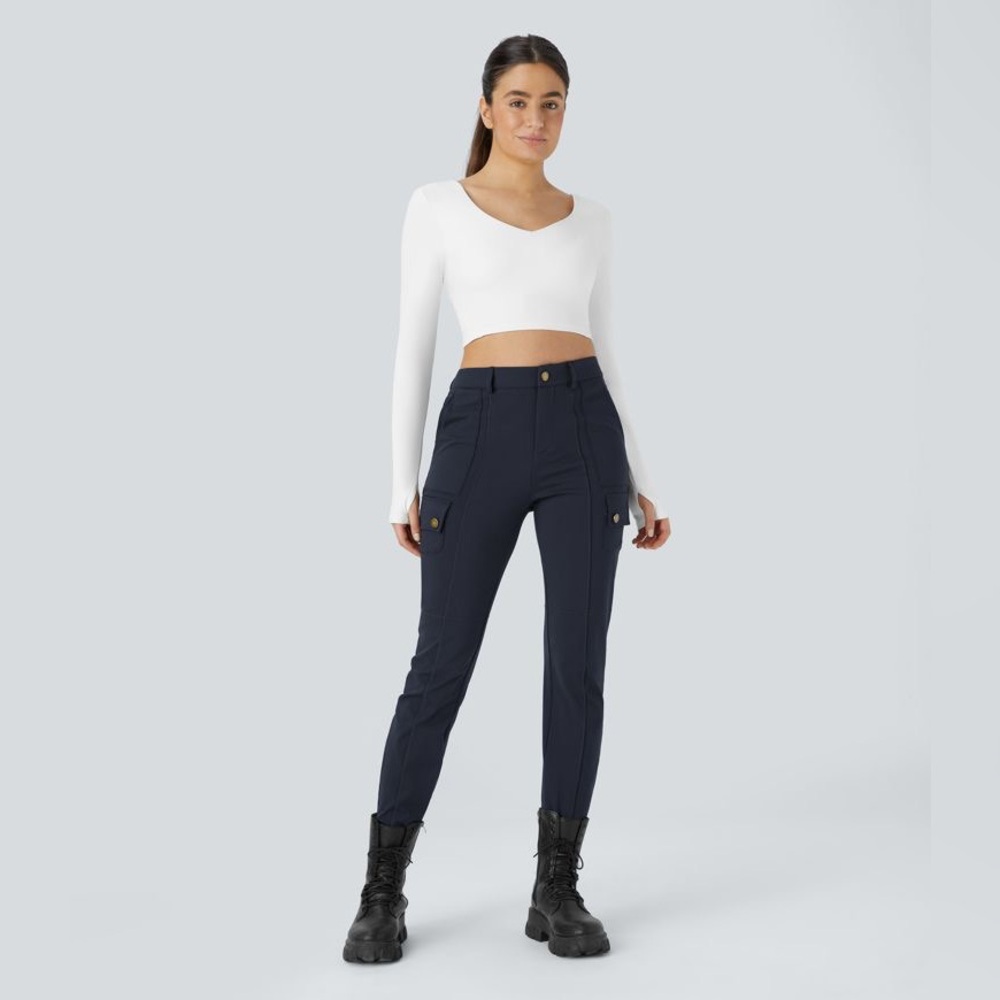 Halara High Waisted Button Zipper Multiple Pockets Solid Skinny Cargo Pants - Picture 8 of 13